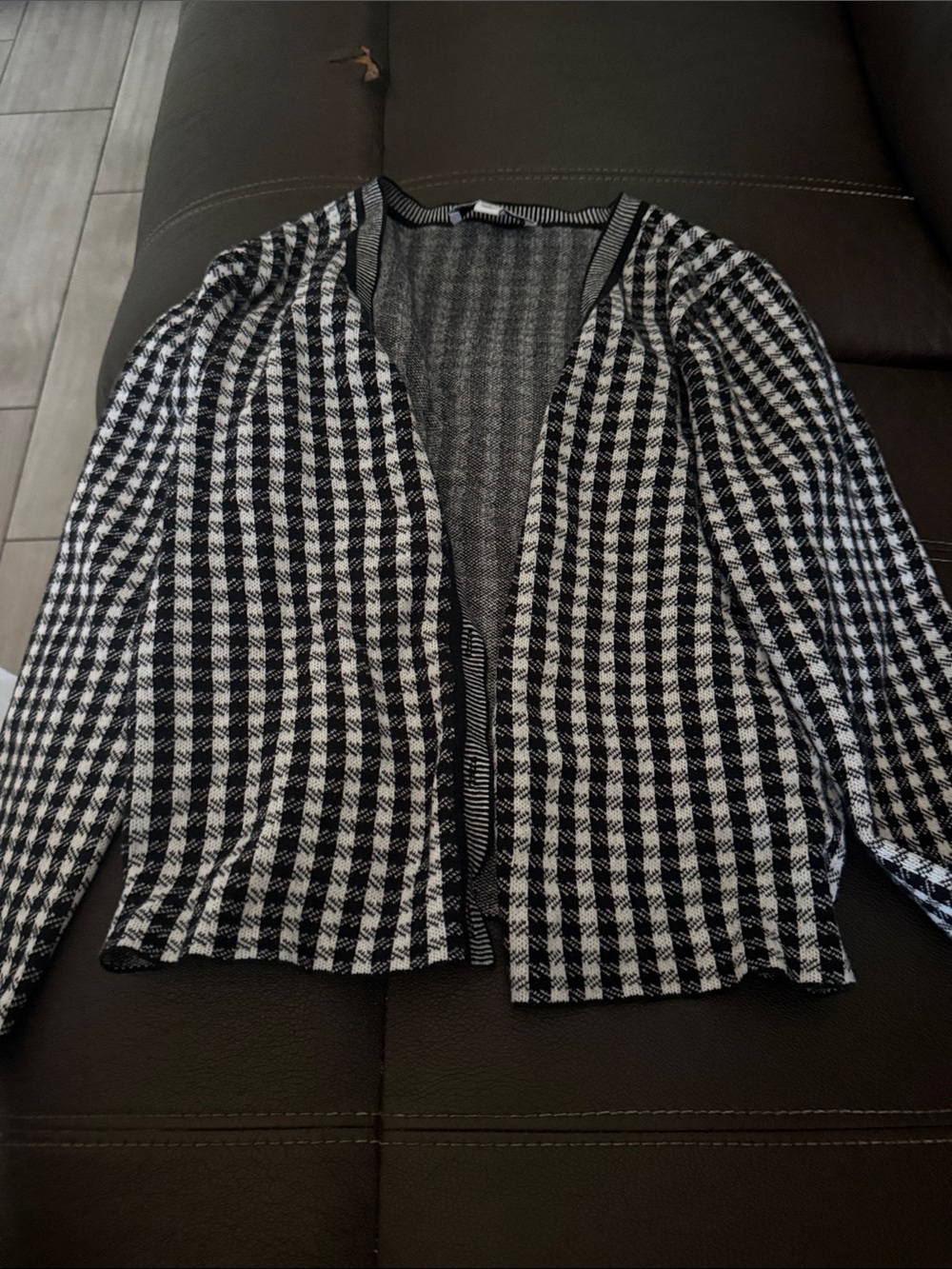 CeCe Black and White Houndstooth Knit Open Cardigan